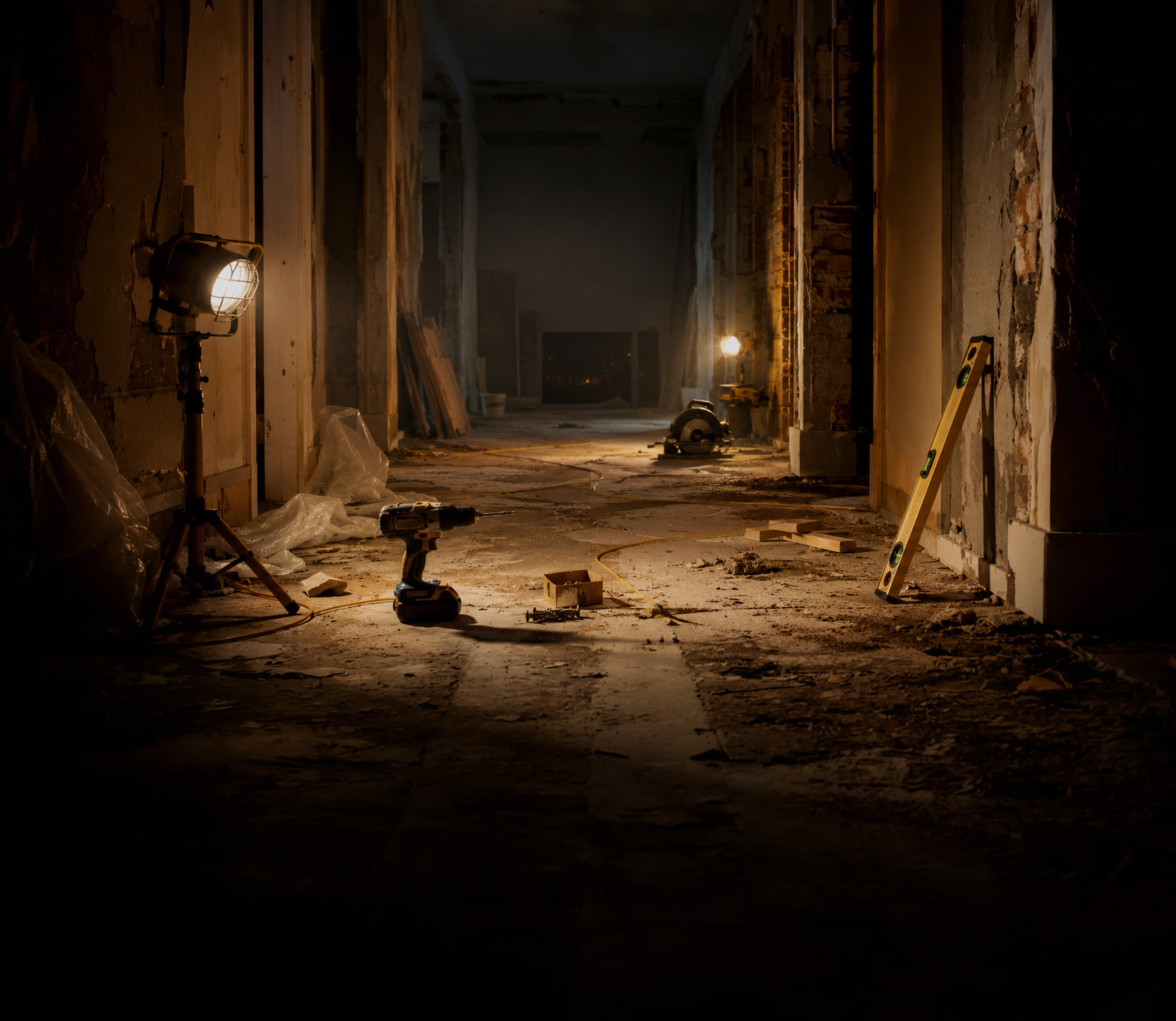 Chantier de rénovation éclairé avec outils et murs ouverts